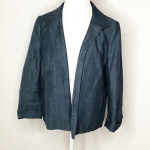 Talbots Linen Blazer Jacket 14 Blue Open Front 3/4 Sleeve